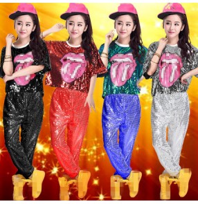 Red silver black gold blue sequins paillette women's ladies female competition hip hop singer ds dj singer performance dance costumes outfits